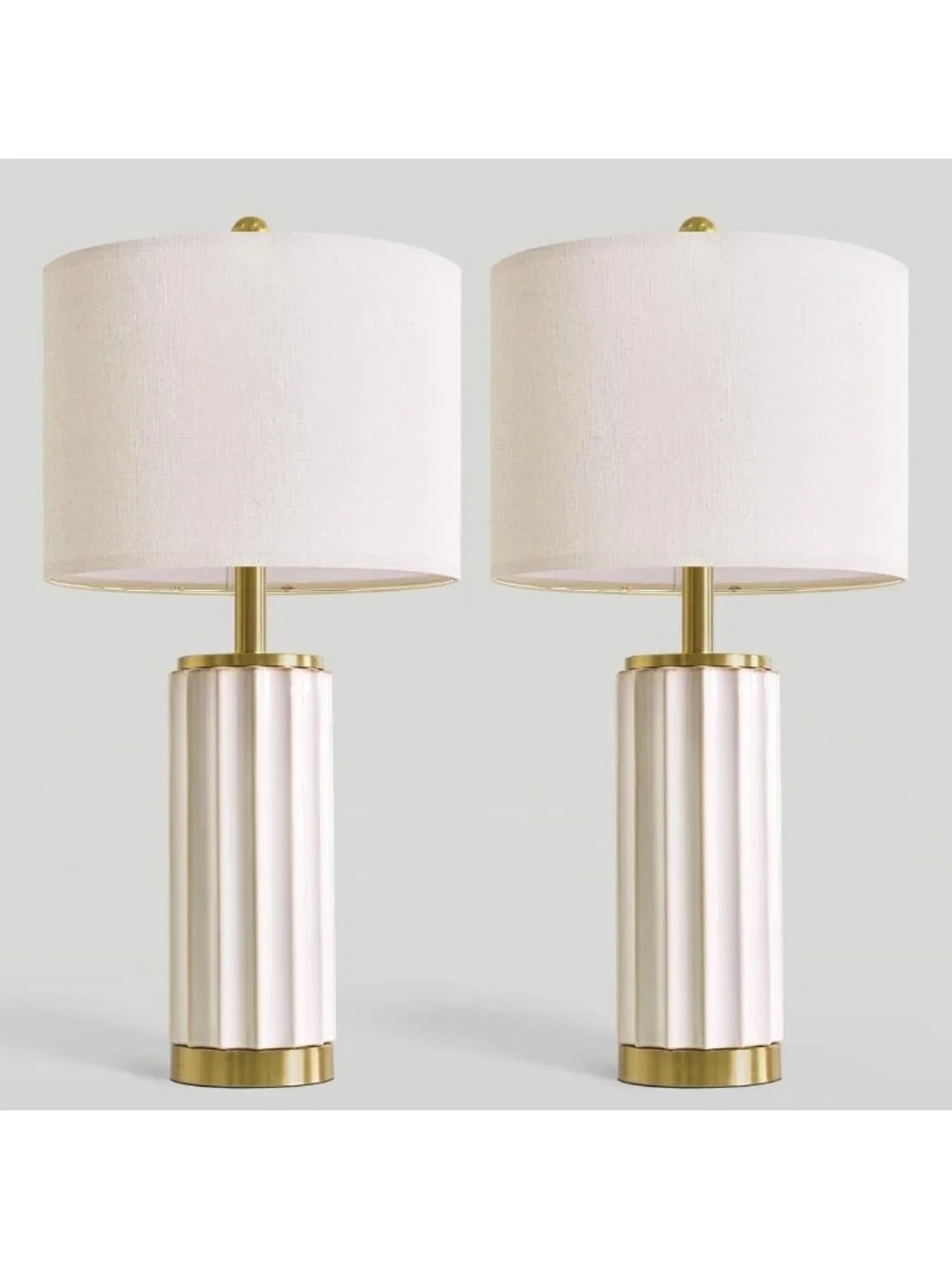 Set of 2 Off-White Mid Century Modern Ceramic Table Lamps, Linen Shade & Gold